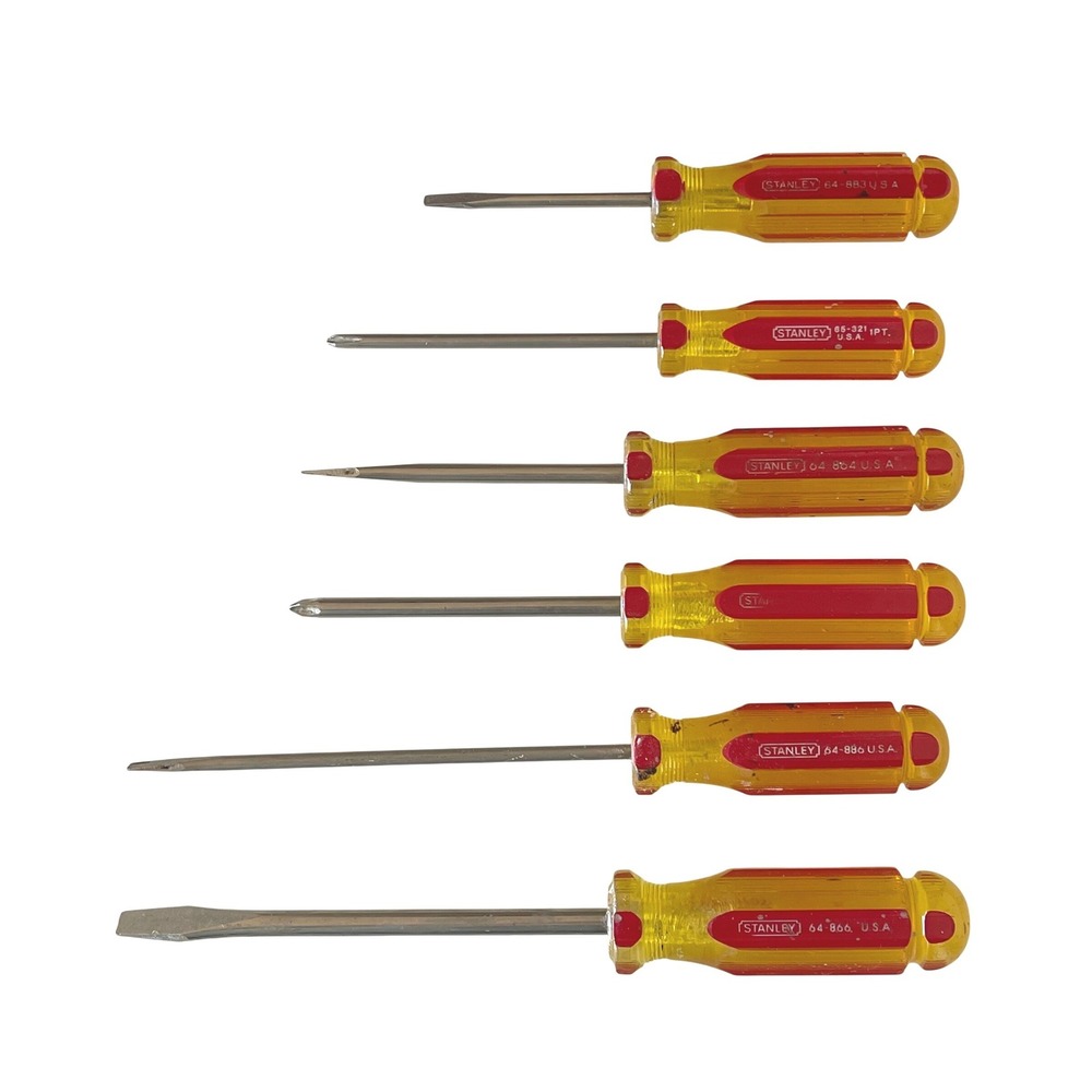 Stanley USA Vintage Screwdriver Set 6pc Amber Red Fluted Handle Flat & Phillips